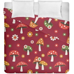 Woodland Mushroom And Daisy Seamless Pattern On Red Background Duvet Cover Double Side (king Size) by Wav3s