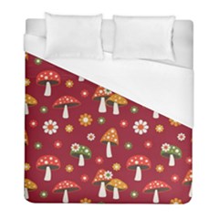 Woodland Mushroom And Daisy Seamless Pattern On Red Background Duvet Cover (full/ Double Size) by Wav3s