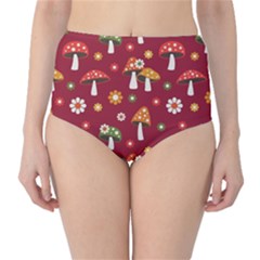 Woodland Mushroom And Daisy Seamless Pattern On Red Background Classic High-waist Bikini Bottoms by Wav3s