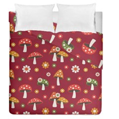 Woodland Mushroom And Daisy Seamless Pattern On Red Background Duvet Cover Double Side (queen Size) by Wav3s