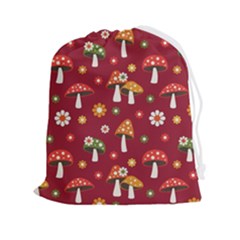 Woodland Mushroom And Daisy Seamless Pattern On Red Background Drawstring Pouch (2xl) by Wav3s