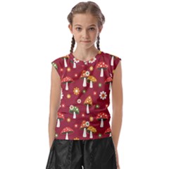 Woodland Mushroom And Daisy Seamless Pattern On Red Background Kids  Raglan Cap Sleeve Tee by Wav3s