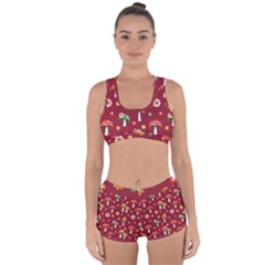 Woodland Mushroom And Daisy Seamless Pattern On Red Background Racerback Boyleg Bikini Set by Wav3s