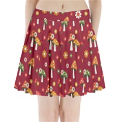 Woodland Mushroom And Daisy Seamless Pattern On Red Background Pleated Mini Skirt by Wav3s