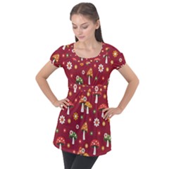 Woodland Mushroom And Daisy Seamless Pattern On Red Background Puff Sleeve Tunic Top by Wav3s