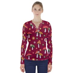 Woodland Mushroom And Daisy Seamless Pattern On Red Background V-neck Long Sleeve Top by Wav3s