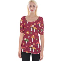 Woodland Mushroom And Daisy Seamless Pattern On Red Background Wide Neckline Tee