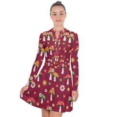 Woodland Mushroom And Daisy Seamless Pattern On Red Background Long Sleeve Panel Dress by Wav3s