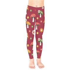 Woodland Mushroom And Daisy Seamless Pattern On Red Background Kids  Leggings by Wav3s