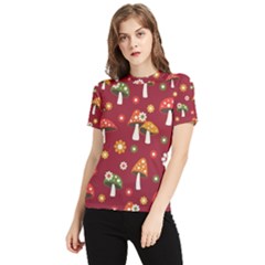 Woodland Mushroom And Daisy Seamless Pattern On Red Background Women s Short Sleeve Rash Guard by Wav3s