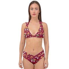 Woodland Mushroom And Daisy Seamless Pattern On Red Background Double Strap Halter Bikini Set by Wav3s