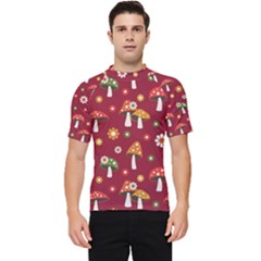 Woodland Mushroom And Daisy Seamless Pattern On Red Background Men s Short Sleeve Rash Guard by Wav3s