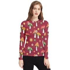 Woodland Mushroom And Daisy Seamless Pattern On Red Background Women s Long Sleeve Rash Guard by Wav3s