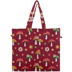 Woodland Mushroom And Daisy Seamless Pattern On Red Background Canvas Travel Bag by Wav3s