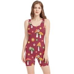 Woodland Mushroom And Daisy Seamless Pattern On Red Background Women s Wrestling Singlet by Wav3s