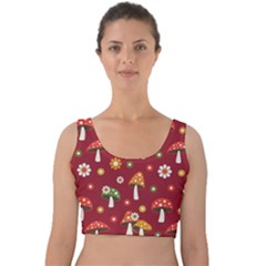 Woodland Mushroom And Daisy Seamless Pattern On Red Background Velvet Crop Top by Wav3s