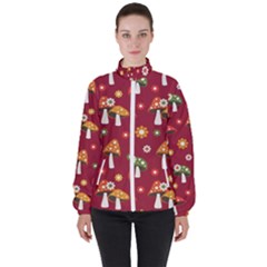 Woodland Mushroom And Daisy Seamless Pattern On Red Background Women s High Neck Windbreaker by Wav3s