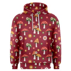 Woodland Mushroom And Daisy Seamless Pattern On Red Background Men s Overhead Hoodie by Wav3s