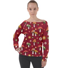 Woodland Mushroom And Daisy Seamless Pattern On Red Background Off Shoulder Long Sleeve Velour Top by Wav3s