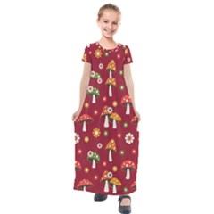 Woodland Mushroom And Daisy Seamless Pattern On Red Background Kids  Short Sleeve Maxi Dress by Wav3s