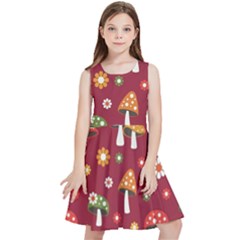 Woodland Mushroom And Daisy Seamless Pattern On Red Background Kids  Skater Dress by Wav3s