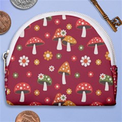 Woodland Mushroom And Daisy Seamless Pattern On Red Background Horseshoe Style Canvas Pouch by Wav3s