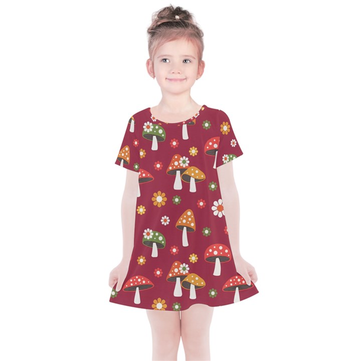 Woodland Mushroom And Daisy Seamless Pattern On Red Background Kids  Simple Cotton Dress