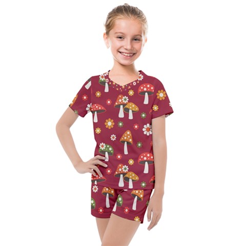 Woodland Mushroom And Daisy Seamless Pattern On Red Background Kids  Mesh Tee And Shorts Set by Wav3s