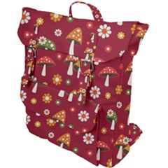 Woodland Mushroom And Daisy Seamless Pattern On Red Background Buckle Up Backpack by Wav3s