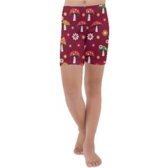 Woodland Mushroom And Daisy Seamless Pattern On Red Background Kids  Lightweight Velour Capri Yoga Leggings by Wav3s