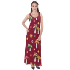 Woodland Mushroom And Daisy Seamless Pattern On Red Background Sleeveless Velour Maxi Dress by Wav3s