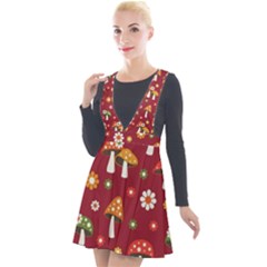 Woodland Mushroom And Daisy Seamless Pattern On Red Background Plunge Pinafore Velour Dress by Wav3s