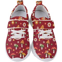 Woodland Mushroom And Daisy Seamless Pattern On Red Background Kids  Velcro Strap Shoes by Wav3s