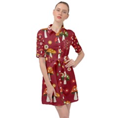 Woodland Mushroom And Daisy Seamless Pattern On Red Background Belted Shirt Dress by Wav3s