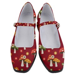 Woodland Mushroom And Daisy Seamless Pattern On Red Background Women s Mary Jane Shoes by Wav3s