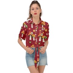 Woodland Mushroom And Daisy Seamless Pattern On Red Background Tie Front Shirt 