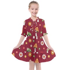 Woodland Mushroom And Daisy Seamless Pattern On Red Background Kids  All Frills Chiffon Dress by Wav3s