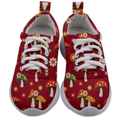 Woodland Mushroom And Daisy Seamless Pattern On Red Background Kids Athletic Shoes by Wav3s