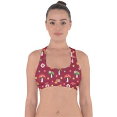 Woodland Mushroom And Daisy Seamless Pattern On Red Background Cross Back Hipster Bikini Top  by Wav3s