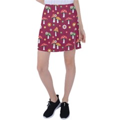 Woodland Mushroom And Daisy Seamless Pattern On Red Background Tennis Skirt by Wav3s