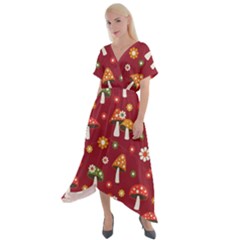 Woodland Mushroom And Daisy Seamless Pattern On Red Background Cross Front Sharkbite Hem Maxi Dress by Wav3s