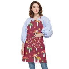 Woodland Mushroom And Daisy Seamless Pattern On Red Background Pocket Apron by Wav3s