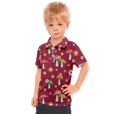 Woodland Mushroom And Daisy Seamless Pattern On Red Background Kids  Polo Tee by Wav3s