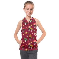 Woodland Mushroom And Daisy Seamless Pattern On Red Background Kids  Sleeveless Hoodie by Wav3s