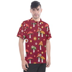 Woodland Mushroom And Daisy Seamless Pattern On Red Background Men s Polo Tee by Wav3s