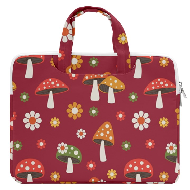 Woodland Mushroom And Daisy Seamless Pattern On Red Background MacBook Pro 13  Double Pocket Laptop Bag