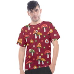 Woodland Mushroom And Daisy Seamless Pattern On Red Background Men s Sport Top by Wav3s