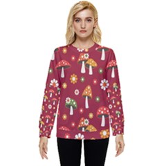 Woodland Mushroom And Daisy Seamless Pattern On Red Background Hidden Pocket Sweatshirt by Wav3s