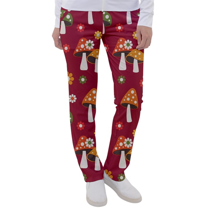 Woodland Mushroom And Daisy Seamless Pattern On Red Background Women s Casual Pants