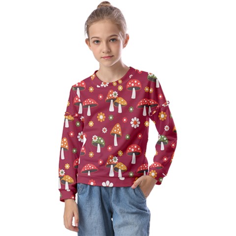 Woodland Mushroom And Daisy Seamless Pattern On Red Background Kids  Long Sleeve Tee With Frill  by Wav3s